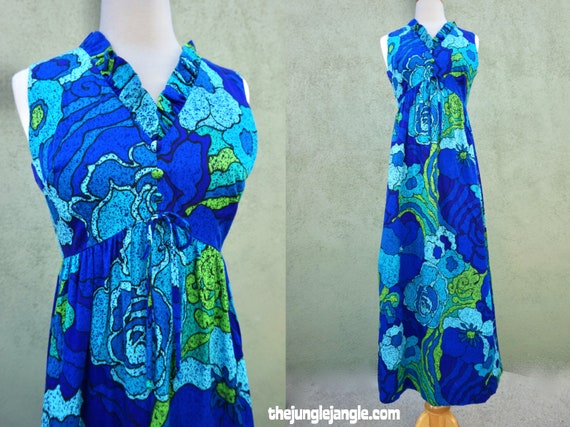 Vintage 1960s Barkcloth Groovy Print Maxi Dress /