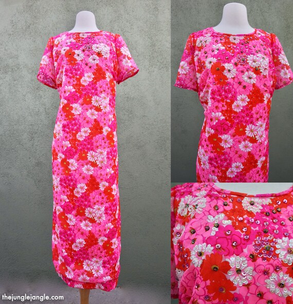 Vintage 1960s Pink Daisy Print Short Sleeve Maxi D