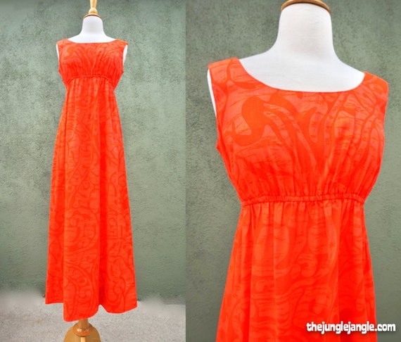 Vintage 1960s Orange Hawaiian Print Maxi Dress By