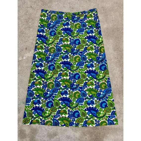 Vintage 1960s Barkcloth Midi Skirt In Blue And Gr… - image 2