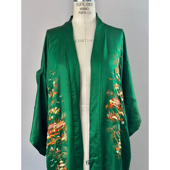 Vintage 1950s Silk Kimono In Green With Orange Em… - image 2