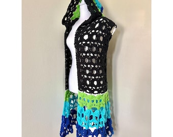 Vintage Handmade Hooded Sleeveless Crochet Long Vest With Skulls In Black Green And Blue / Festival Vest / Burning Man Wear