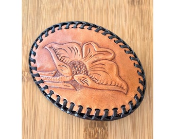 Vintage Tooled Leather Belt Buckle: Mid Century Western Flower