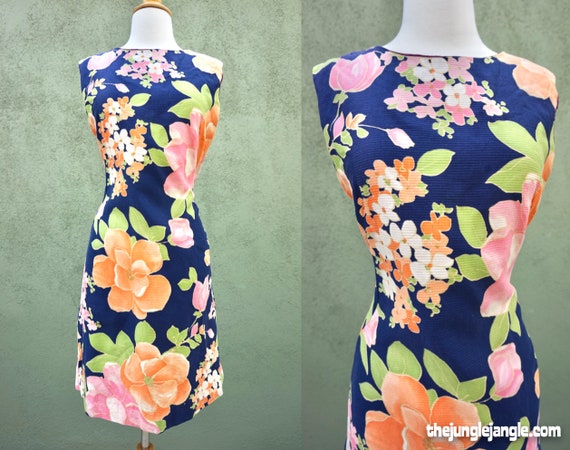 Vintage 1960s Peachy Floral Print Midi Dress / Met
