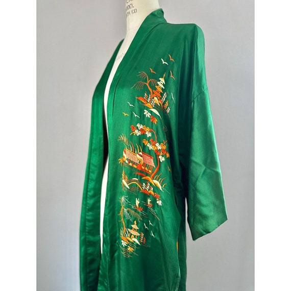 Vintage 1950s Silk Kimono In Green With Orange Em… - image 4