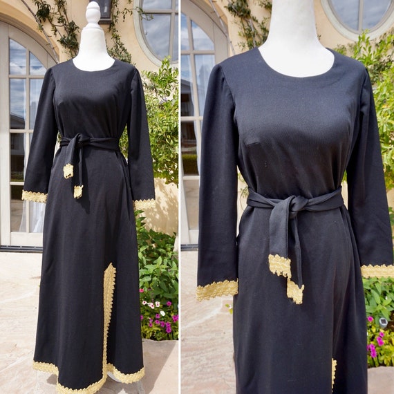 Vintage 1960s Black Maxi Dress With Gold Trim / 60