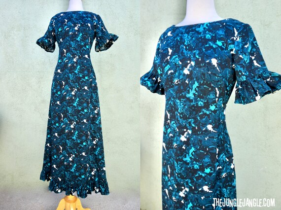 Vintage 1960s Teal Maxi Dress With Ruffle Detail /