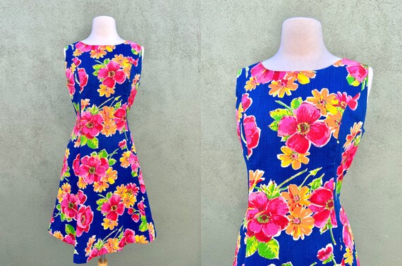 Vintage 1960s Floral Print Fit And Flare Dress Wit