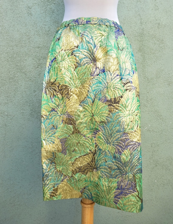 Vintage 1980s Foil Pencil Skirt In Leaf Motif / 80