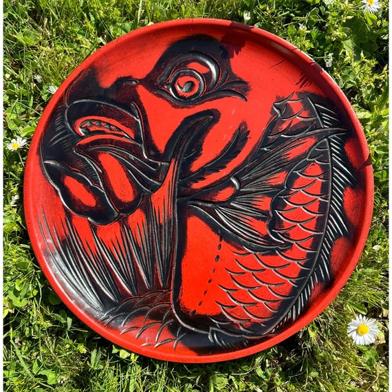 Vintage Mid Century Hand Carved Japanese Lacquerware Red and