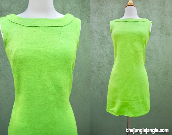 Vintage 1960s Lime Green Mini Dress In Linen / Met
