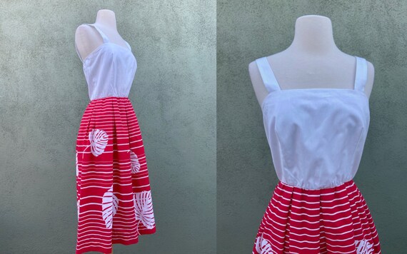 Vintage 1960s Sleeveless Monstera Leaf Print Dress