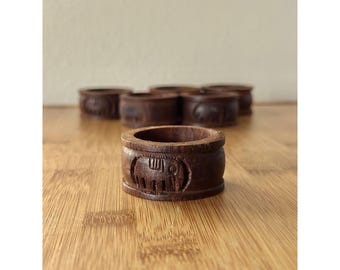 Vintage Hand Carved Wood Elephant Napkin Rings - Set of 6