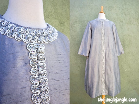 Vintage 1960s Mod Grey Silk Dress With Beading Det