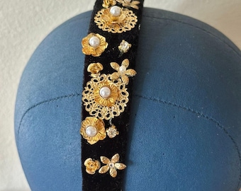 Vintage Handmade Black Headband: Gold Brass & Rhinestone Retro Glam