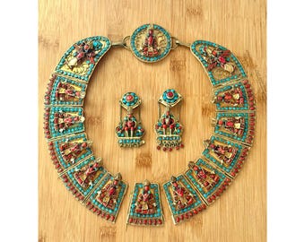 Vintage Early Century Tibetan Buddhist Coral & Turquoise Collar Bib Necklace And Earring Set In Elaborate Brass