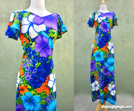 Vintage 1960s Barkcloth Tropical Floral Print Maxi