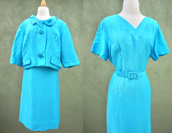 Vintage 1960s Sky Blue Silk Dress Suit With Metal