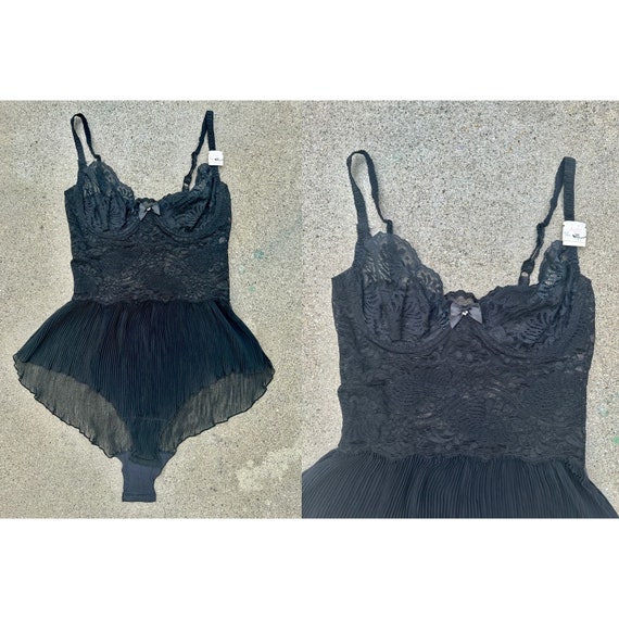1980s Victoria Secret Black Lace Teddy Vintage 80s Underwire Nylon Bodysuit  Women's Lingerie Small 