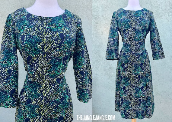 Vintage 1960s Green And Black Print Dress / 60s D