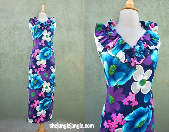 Vintage 1960s Barkcloth Tropical Print Maxi Dress