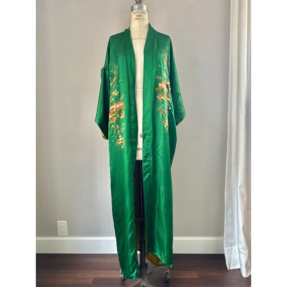 Vintage 1950s Silk Kimono In Green With Orange Em… - image 3