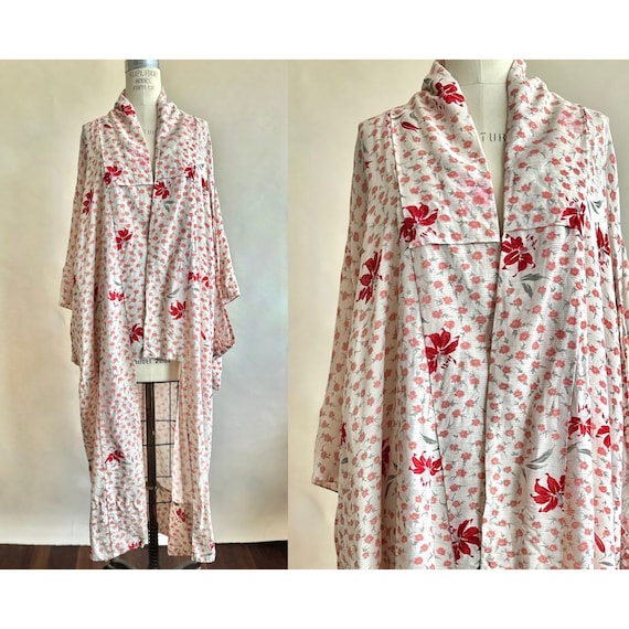 Vintage 1970s Silk Kimono In Red And Cream With Li