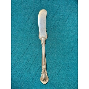 May include: Silver butter knife with a curved blade and ornate handle. The handle features detailed floral and scrollwork designs. The knife is made of a shiny, reflective metal, likely stainless steel or silver. The knife is a kitchen utensil.
