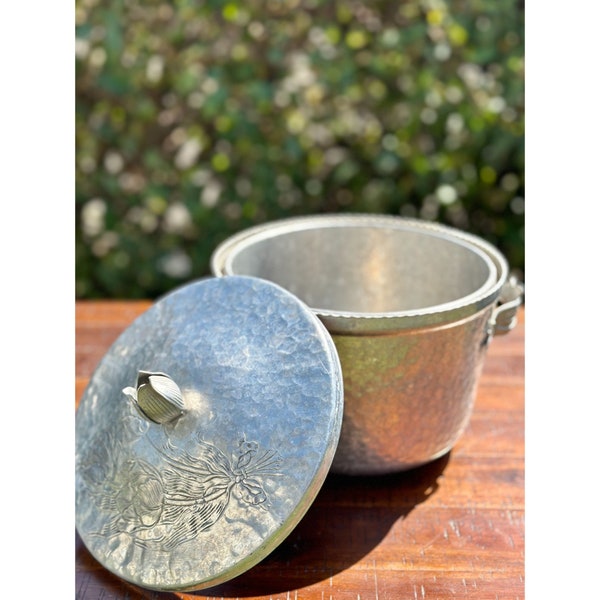 Vintage 1950s Rodney Kent Hammered Aluminum Ice Bucket With Floral Details / Early Century Barware / Silver Ice Bucket / Floral Barware