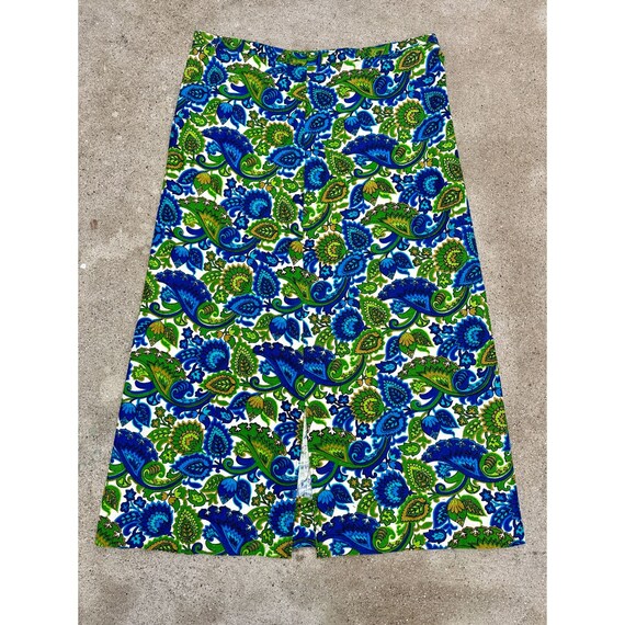 Vintage 1960s Barkcloth Midi Skirt In Blue And Gr… - image 4