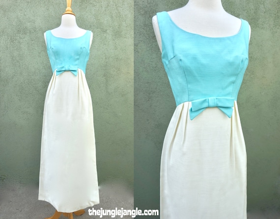 Vintage 1960s Blue And White Sleeveless Maxi Dress