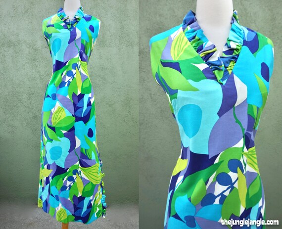 Vintage 1960s Tropical Print Maxi Dress / The Tiki