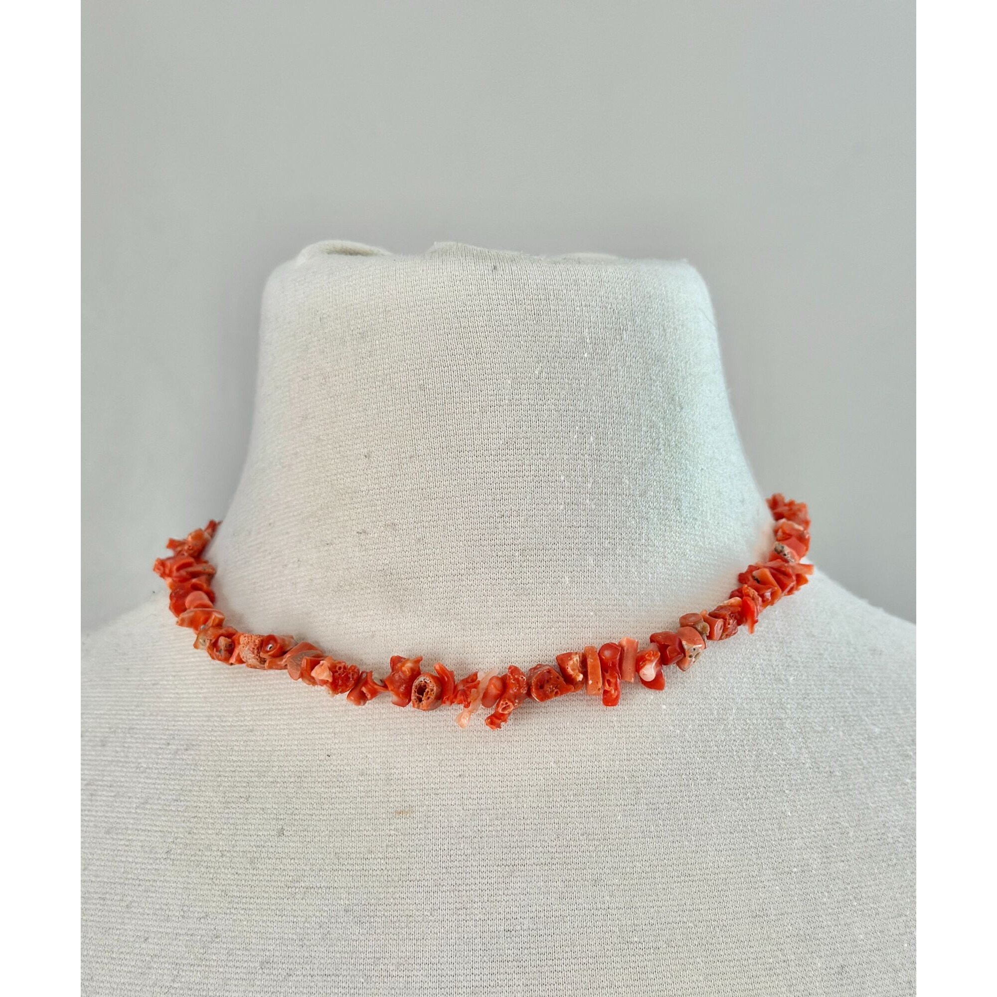 Collier Ras Du Cou Vintage – Corail Rouge Naturel Et Argent 925, Bon état