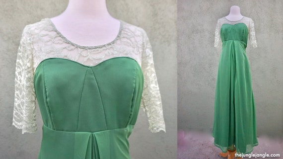 Vintage 1960s Green Maxi Formal Dress With Lace De