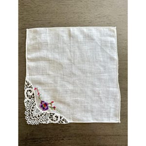 Vintage 1960s Floral Embroidered Cotton Handkerchief - Linen Weave