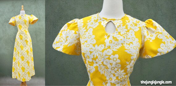 Vintage 1960s Yellow Short Sleeve Maxi Formal Dres