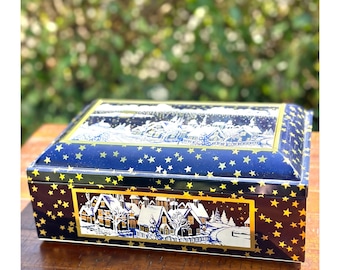 Vintage finales del siglo E Otto Schmidt gran lata de galletas en escena de invierno con estrellas / lata de galletas de invierno / caja de galletas de jengibre / galleta retro