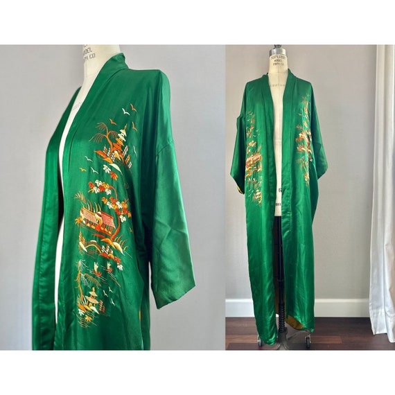 Vintage 1950s Silk Kimono In Green With Orange Em… - image 1