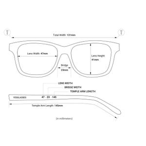 May include: Line drawing of eyeglasses with measurements. Total width is 131mm, lens width is 47mm, lens height is 41mm, and bridge is 23mm. Temple arm length is 145mm. The text "YESGLASSES" is also present.