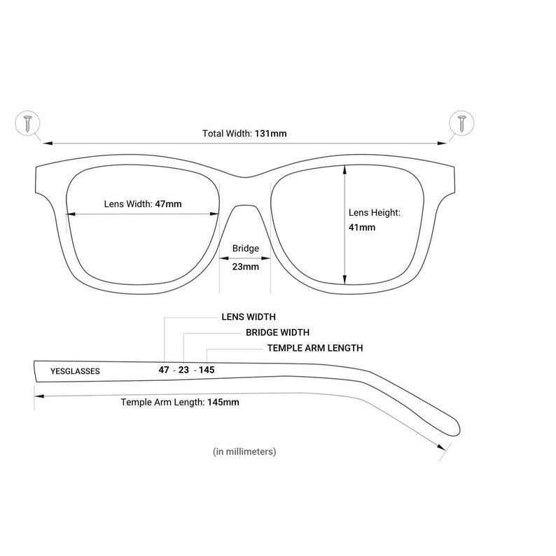May include: Line drawing of eyeglasses with measurements. Total width is 131mm, lens width is 47mm, lens height is 41mm, and bridge is 23mm. Temple arm length is 145mm. The text "YESGLASSES" is also present.