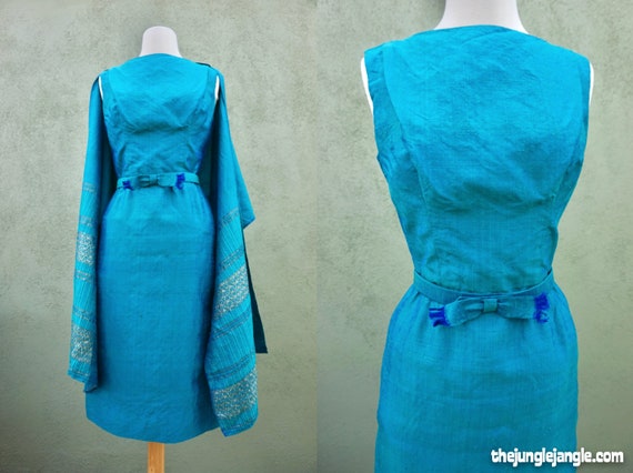 Vintage 1960s Teal Silk Wiggle Dress With Matching