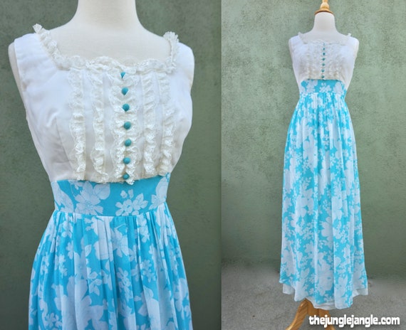 Vintage 1960s Blue And White Sleeveless Maxi Dress