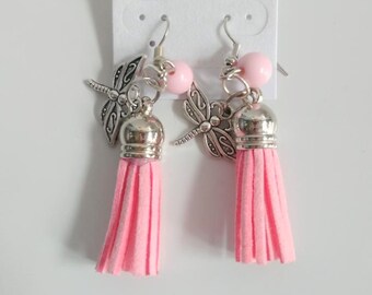 Women's Beaded Earrings Pink Beads with Silver Dangling Butterflies and Pink Tassels Sweet Earrings Girl Earrings Birthday Earrings Summer