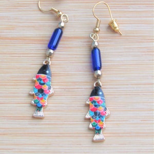 Boho Koi Fish Earrings, Koi Fish Earrings, Fish Earrings, Colorful Fish Jewlery, Dangling Koi Fish Earrings, Blue Beaded Fish Earrings