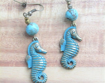 Nautical Turquoise Seahorse Dangle Earrings with Bronze Findings Seahorse Jewelry for Women Ocean Earrings Beach Earrings Turquoise Hue