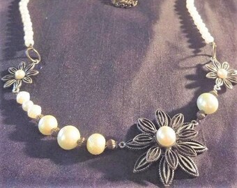 Womens Victorian Gunmetal Tone Flower and Pearl Beaded Necklace - Victorian Wedding - Victorian Jewelry - Victorian Necklace