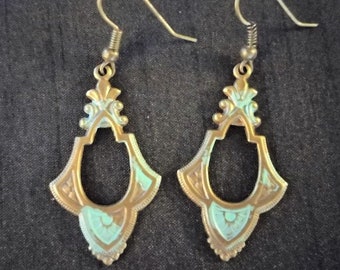 Women’s Handmade Metal Gold and Blue Patina Victorian Dangle Earrings Antique Fancy Elegant