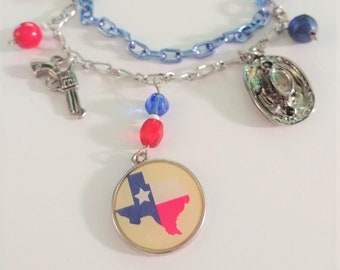 Unique Handmade Texas Themed Silver Bracelet with Beads and Charms.