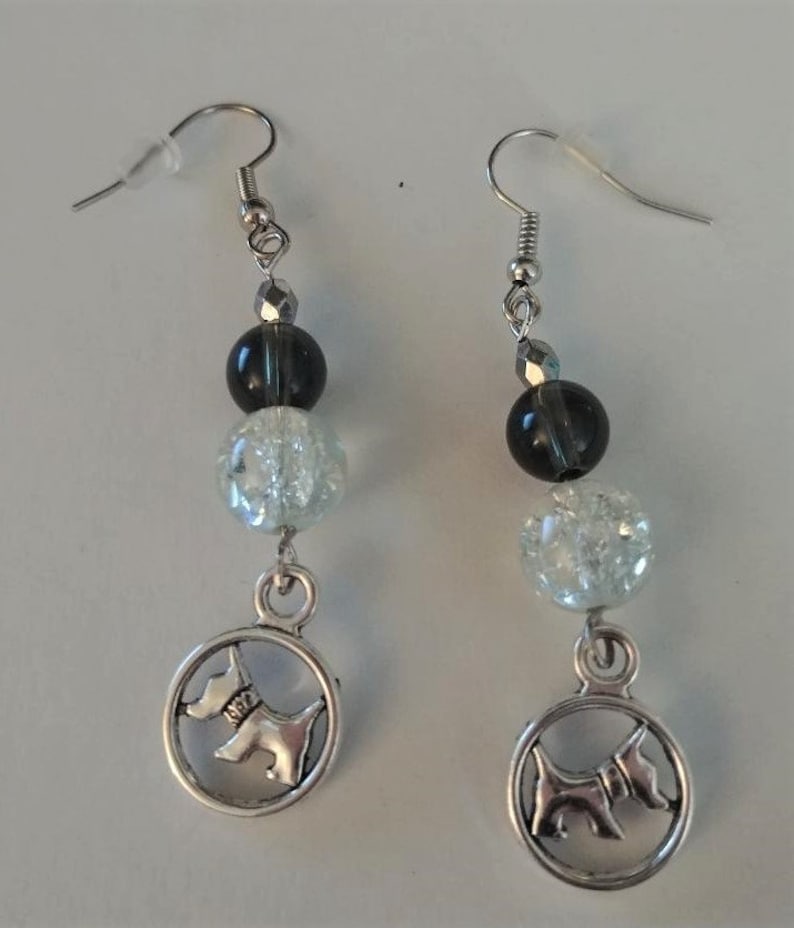 Handmade Silver Scottish Terrier Dog Earrings with Black and Clear Crackle Glass Beads