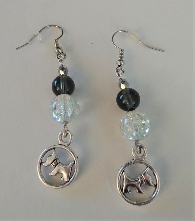 Handmade Silver Scottish Terrier Dog Earrings with Black and Clear Crackle Glass Beads